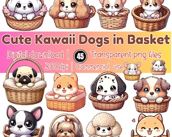 Kawaii Dogs in Basket Clipart Bundle, Chibi Puppy Png Files (Digital Download)