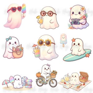 May include: A collection of cartoon ghosts enjoying summer activities. The ghosts are depicted with sunglasses, holding items like ice cream, drinks, cameras, and beach bags. Some are on a surfboard or riding a bicycle.