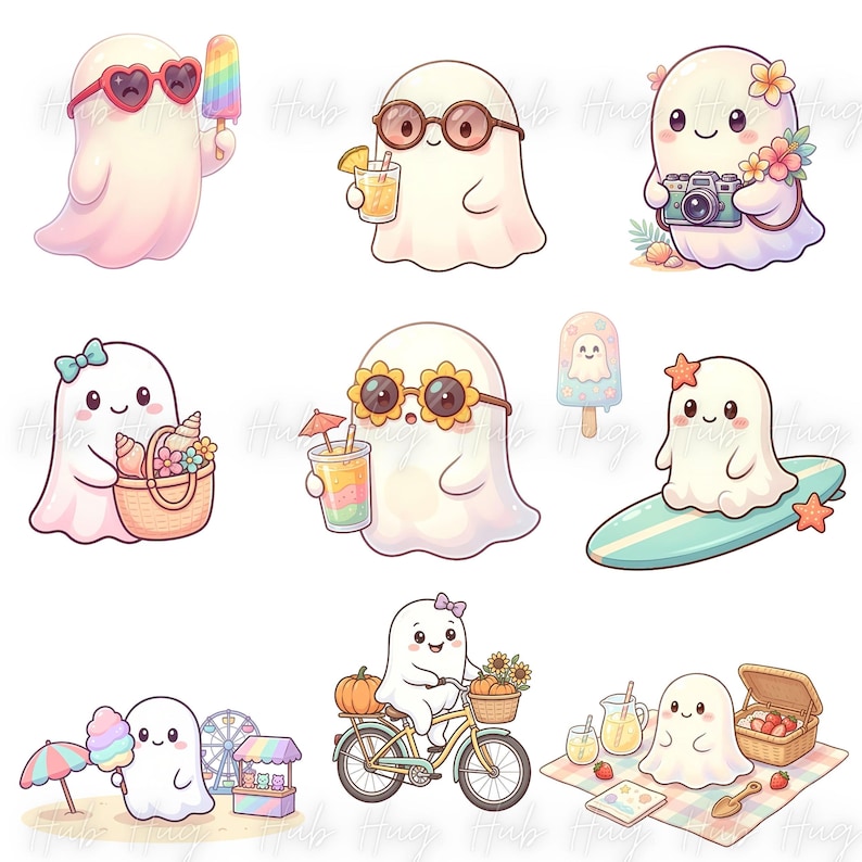 May include: A collection of cartoon ghosts enjoying summer activities. The ghosts are depicted with sunglasses, holding items like ice cream, drinks, cameras, and beach bags. Some are on a surfboard or riding a bicycle.