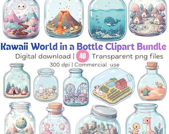 Kawaii Worlds in a Bottle Clipart Bundle, Mini Worlds PNG, Fantasy Illustration Set (Digital Download)