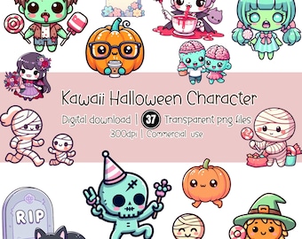 Kawaii Halloween Clipart – Ghost, Witch PNG Bundle (37 Files) (Digital Download