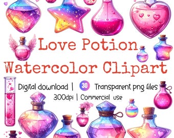Love Potions Watercolor Clipart, Magic Bottle Set, Romantic Potion Art, Valentine Witchy Clipart,