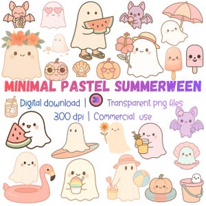 May include: A collection of pastel-colored illustrations featuring cute ghosts, bats, pumpkins, and other summer-themed elements. The text "MINIMAL PASTEL SUMMERWEEN" is displayed prominently. Includes digital download information.