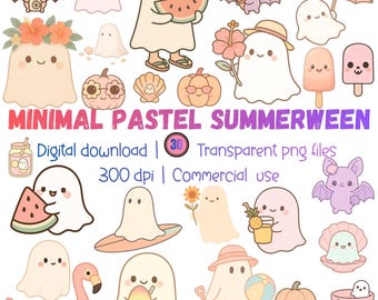 Minimal Pastel Summerween Clipart Bundle, Kawaii Ghost PNG, Cute Spooky Summer Clipart, Soft Halloween PNG, Pastel Beach Ghost Bundle