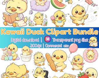 Kawaii Duck Clipart Bundle, Cute Duck PNG, Chibi Duck Characters, Funny Duck Sticker PNG, Pastel Animal Clipart, Cozy Duck Clipart Bundle