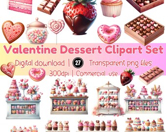 Valentine Dessert Clipart Set, Candy Bakery Sweets, Chocolate Cake Cupcake PNG, Cute Pastel Cafe Decor