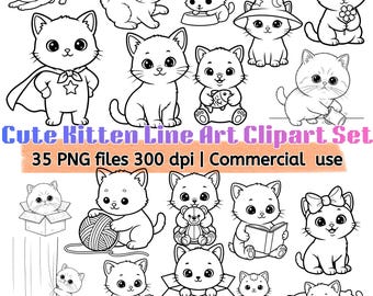 Kawaii Kitten Line Art Clipart Set – 35 PNG Coloring Pages