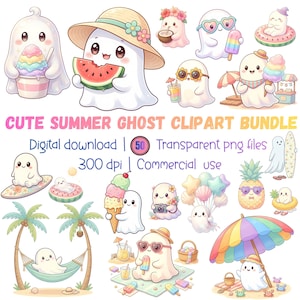May include: A collection of cute cartoon ghost clipart images with summer themes. Ghosts are shown with ice cream, watermelon, sunglasses, and beach accessories. Text reads "CUTE SUMMER GHOST CLIPART BUNDLE" and "Digital download | 50 Transparent png files | 300 dpi | Commercial use."