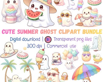 Cute Summer Ghost Clipart Bundle, Kawaii Summerween PNG, Pastel Beach Ghost Clipart, Spooky Cute Summer PNG, Tropical Ghost Bundle