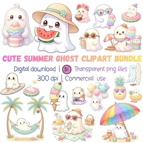 Cute Summer Ghost Clipart Bundle, Kawaii Summerween PNG, Pastel Beach Ghost Clipart, Spooky Cute Summer PNG, Tropical Ghost Bundle