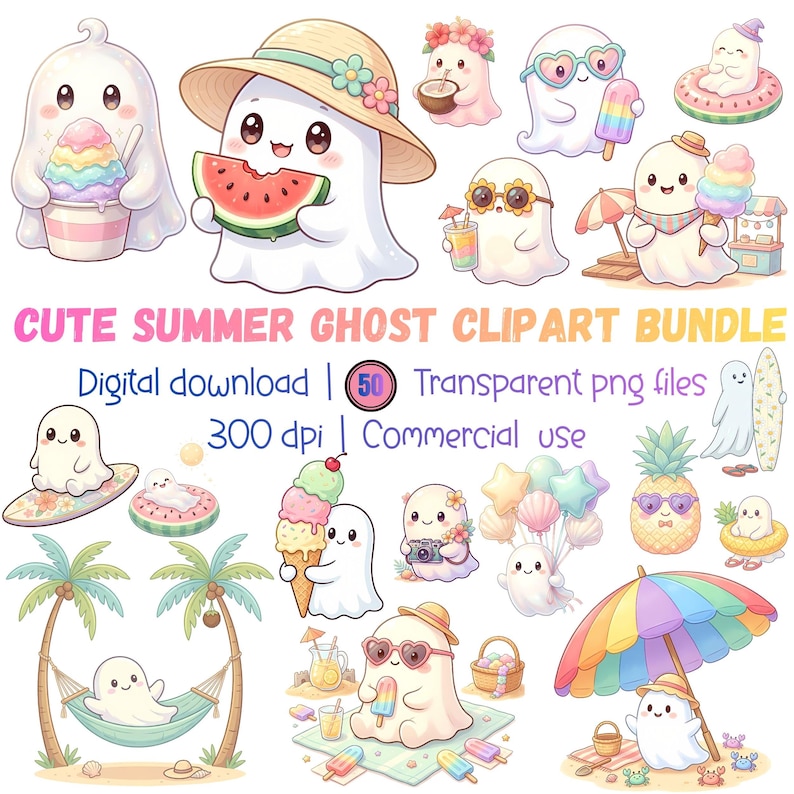May include: A collection of cute cartoon ghost clipart images with summer themes. Ghosts are shown with ice cream, watermelon, sunglasses, and beach accessories. Text reads "CUTE SUMMER GHOST CLIPART BUNDLE" and "Digital download | 50 Transparent png files | 300 dpi | Commercial use."