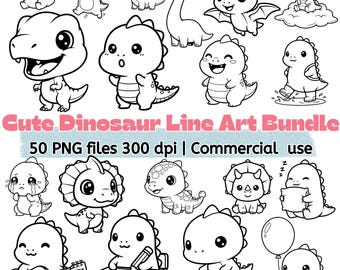 Kawaii Dinosaur Line Art Bundle, Baby Dino Clipart, Kids Coloring Pages (50 PNG Files)