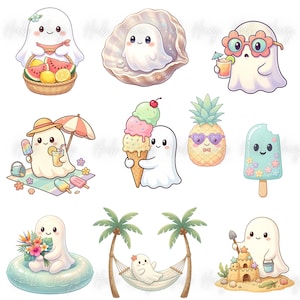 May include: A collection of cute cartoon ghosts enjoying summer activities. One ghost is in a seashell, another is holding a cocktail, and others are with a basket of fruit, ice cream, a pineapple, and building a sandcastle. The ghosts are white with smiling faces.