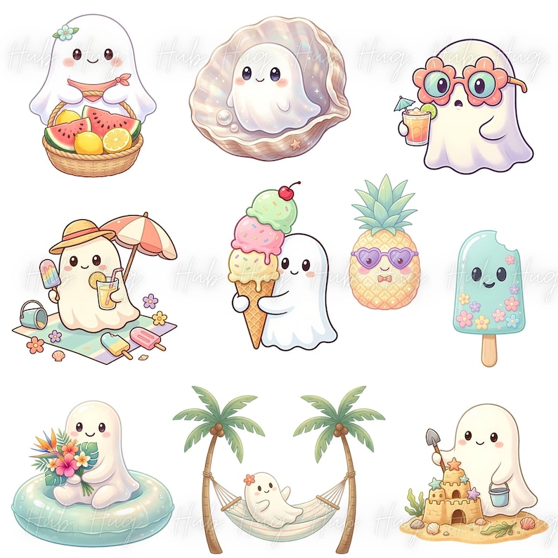 May include: A collection of cute cartoon ghosts enjoying summer activities. One ghost is in a seashell, another is holding a cocktail, and others are with a basket of fruit, ice cream, a pineapple, and building a sandcastle. The ghosts are white with smiling faces.