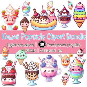 Pacchetto di clipart di gelato kawaii, simpatici PNG di gelato, adesivi digitali per dessert per planner, scrapbooking, creazione di biglietti