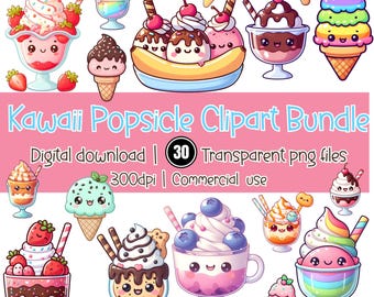 Kawaii Ice Cream Clipart Bundle, Sundae PNG, Dessert Digital Stickers for Planner, Scrapbooking