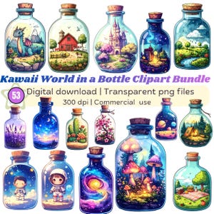 Kawaii World in a Bottle Clipart-paket, Fantasy Burk-illustrationer, Mini Worlds-set (digital nedladdning)