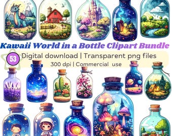 Kawaii World in a Bottle Clipart Bundle, Fantasy Jar Illustrations, Mini Worlds Set (Digital Download)