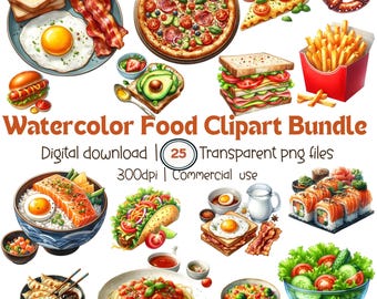 Watercolor Food Clipart Bundle | Cozy Pizza, Sushi, Burger, Taco, Salad, Breakfast, Sandwich | Digital PNG