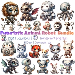 Futuristic Animal Robot Clipart Bundle | Chibi Watercolor Cyber Animals (Digital Download)