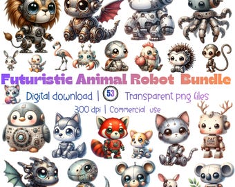 Futuristic Animal Robot Clipart Bundle | Chibi Watercolor Cyber Animals (Digital Download)