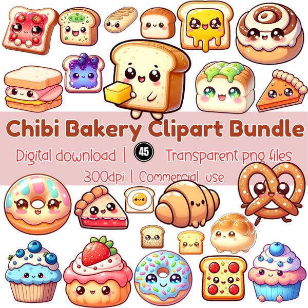 Pacote de Clipart Chibi de Padaria, Pão e Torrada Kawaii em PNG, Conjunto de Padaria em Desenho Animado (Download Digital)