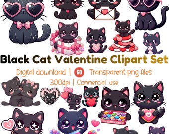Black Cat Love Clipart Bundle, Kawaii Valentine PNG