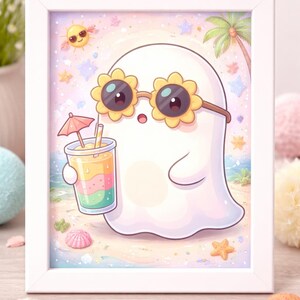 May include: A framed print featuring a cartoon ghost on a beach. The ghost wears flower-shaped sunglasses and holds a colorful drink with a tiny umbrella. The background includes a sun, palm tree, and seashells.