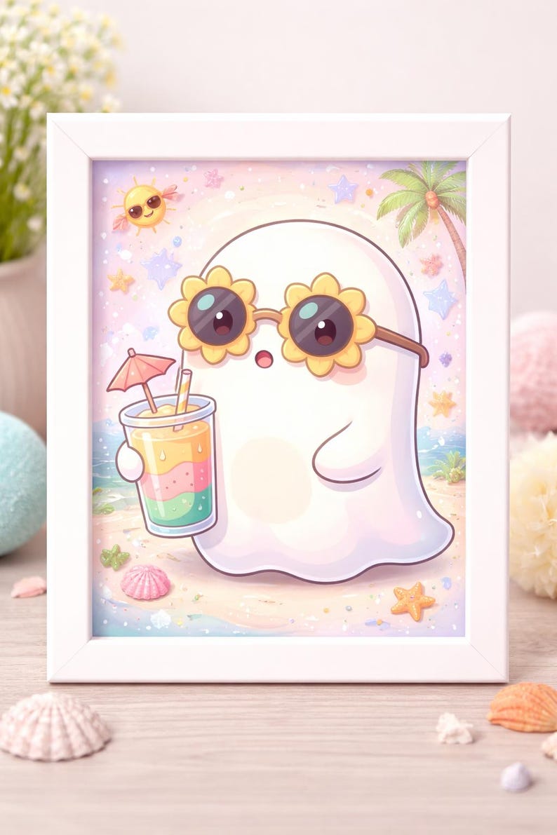 May include: A framed print featuring a cartoon ghost on a beach. The ghost wears flower-shaped sunglasses and holds a colorful drink with a tiny umbrella. The background includes a sun, palm tree, and seashells.