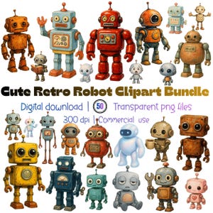 Puede incluir: Una colección de imágenes prediseñadas de robots retro estilo acuarela en varios colores y diseños. Los robots varían en tamaño y estilo, algunos sosteniendo herramientas o libros. La imagen incluye el texto "Cute Retro Robot Clipart Bundle".