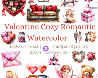 Valentine Cozy Romantic Watercolor Set | Love Clipart PNG Bundle