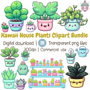 Kawaii House Plants Clipart Bundle | Cute Cartoon Potted Plants Pastel Greenery Succulent Monstera Digital Download PNG