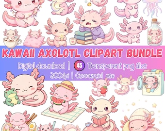 Kawaii Axolotl Clipart Bundle, Cute Axolotl , Chibi Axolotl Characters, Pastel Animal Clipart, Cozy Axolotl Sticker, Cute Salamander Bundle