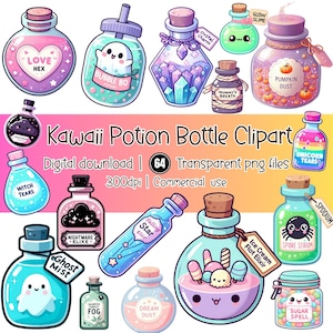 Puede incluir: Descarga digital de imágenes prediseñadas de botellas de pociones Kawaii. La imagen muestra varias botellas coloridas con etiquetas como "Love Hex", "Bubble Bo" y "Pumpkin Dust". La imagen incluye el texto "64 archivos png transparentes" y "Commercial use".
