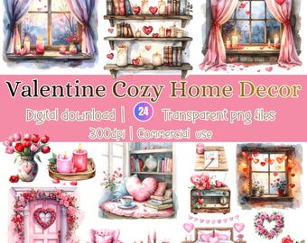 Valentine Cozy Home Decor Watercolor Clipart | PNG Set