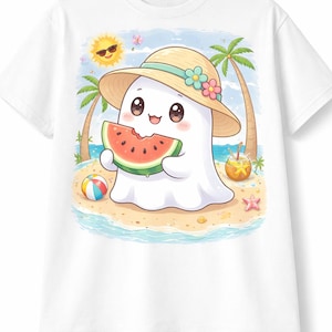May include: White t-shirt featuring a cartoon ghost enjoying a slice of watermelon on a beach. The ghost wears a straw hat with flowers and is surrounded by palm trees, a beach ball, and a tropical drink. A sunny sky completes the summer scene.