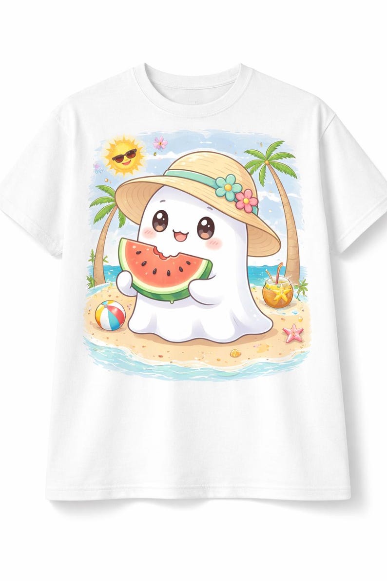 May include: White t-shirt featuring a cartoon ghost enjoying a slice of watermelon on a beach. The ghost wears a straw hat with flowers and is surrounded by palm trees, a beach ball, and a tropical drink. A sunny sky completes the summer scene.
