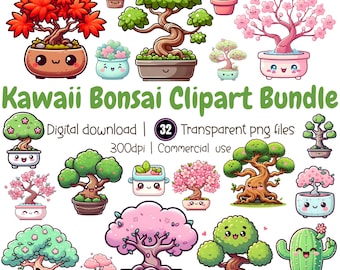 Kawaii Bonsai Clipart Bundle | Cartoon Potted Plants Trees Japanese Mini Garden Digital Download PNG