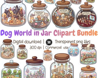 Dog World in Jar Clipart Bundle, Kawaii Puppy Scenes, Vintage Jar Illustrations (Digital Download)