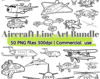 Aircraft Line Art Bundle, Air Vehicle Coloring Pages, Airplane Helicopter Rocket Clipart