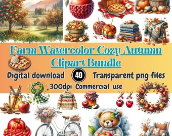 Watercolor Autumn Clipart Bundle: Cozy Fall Fruits, Leaves, Pumpkins (PNG Set)