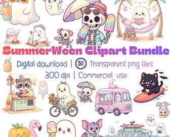SummerWeen Clipart Bundle, Cute Ghost PNG, Kawaii Spooky Summer Beach Clipart, Pastel Halloween PNG, Tropical Halloween Bundle