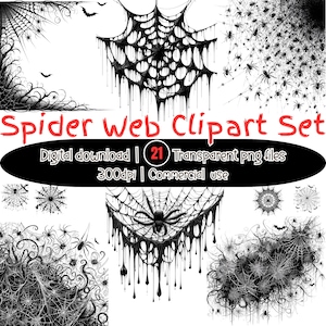 May include: A digital clipart set featuring various black spider web designs, spiders, and bats. The text "Spider Web Clipart Set" is in red, with additional text indicating digital download, 21 transparent PNG files, 300dpi, and commercial use.