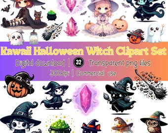 Kawaii Halloween Witch Clipart Set | Watercolor PNG Stickers (Digital Download)