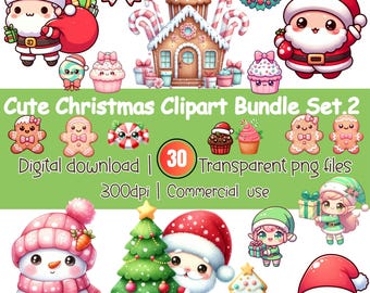 Kawaii Christmas Clipart Bundle, Holiday PNG (Digital Download)