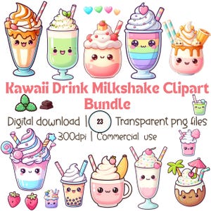 Puede incluir: Una colección de imágenes prediseñadas de batidos de estilo kawaii coloridos. La imagen presenta varios diseños de batidos con caras lindas, crema batida y pajitas decorativas. El texto dice "Kawaii Drink Milkshake Clipart Bundle".