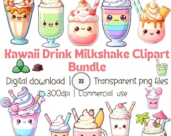 Kawaii Milkshake Clipart Set: Pastel Dessert PNG Stickers (Digital Download