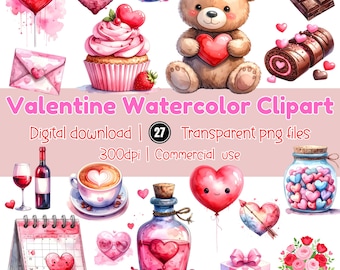 Valentine Watercolor Clipart | Hearts, Teddy, Chocolate (PNG Files)