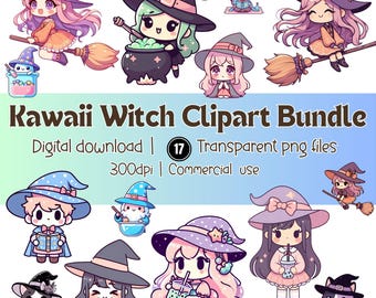 Kawaii Witch Clipart Bundle – Halloween PNG Graphics (Digital Download)