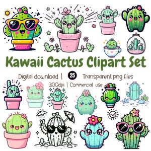 Kawaii Cactus Clipart Set: Pastel Plant Stickers (Digital Download)